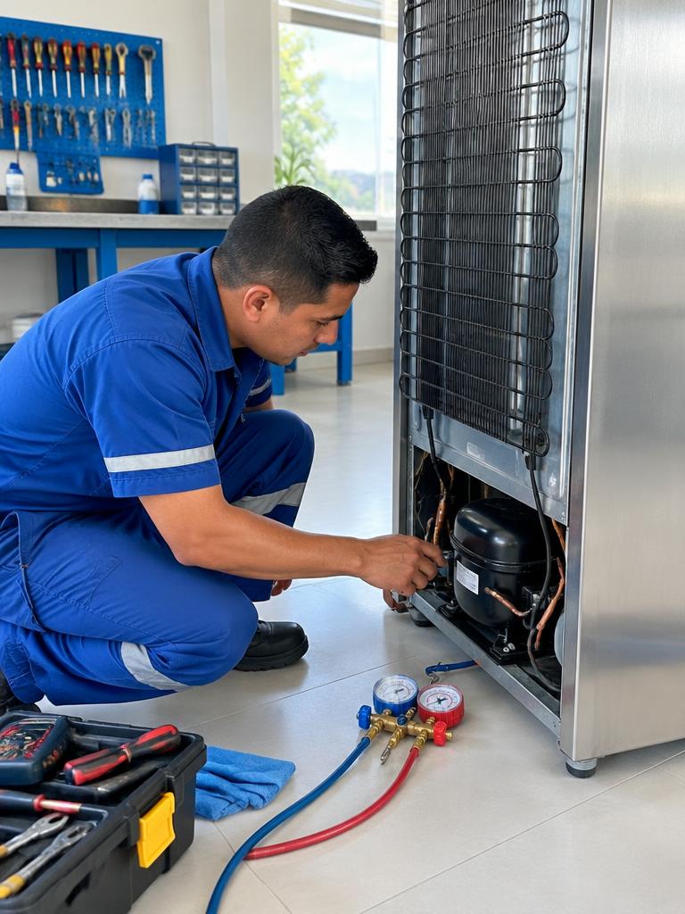 Técnico revisando el compresor de una nevera
