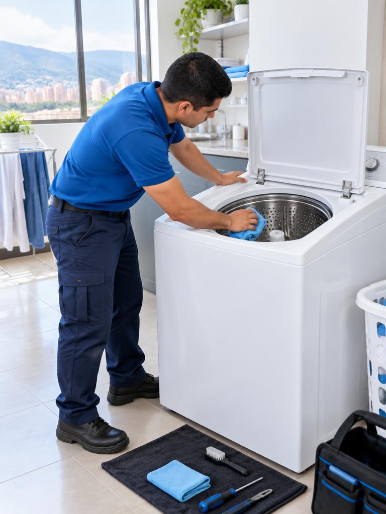 Técnico limpiando una lavadora de carga superior con la tapa abierta